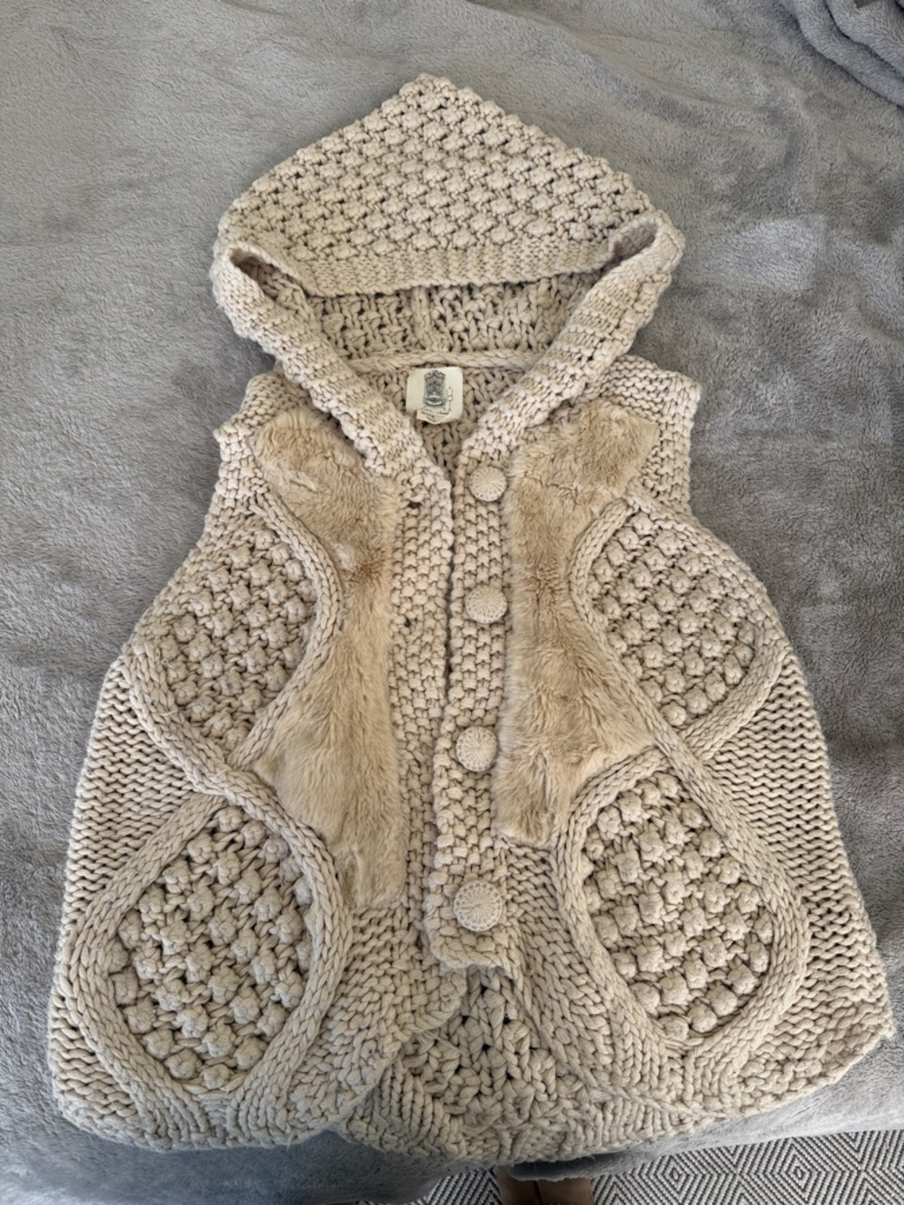 Anthropologie Cream Hooded Knit Vest with Faux Fur Panels